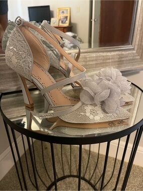 Muse by Marchesa  Silver Lace T-Strap Heels with Sparkle Floral Appliqué